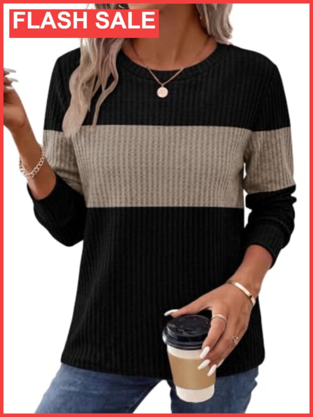 Waffle Knit Long Sleeve Sweater Color Block Crew Neck Pullover